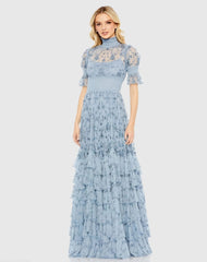 Blue Floral Embroidered Smock Neck Tiered Ruffle Dress