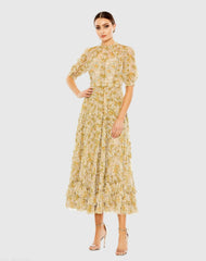 Beige Multicolor Mesh Puff Sleeve Floral Print Dress
