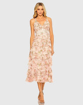 Pink Sleeveless V Neck Floral Mesh Ruffle Midi Dress