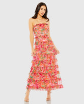 Multicolor Strapless Floral Micro Ruffle Dress