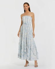 Blue and White Strapless Ruffle Floral Cotton Midi Dress