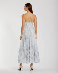 Blue and White Strapless Ruffle Floral Cotton Midi Dress