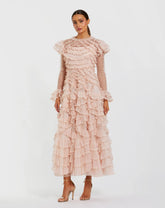 Pink Tiered Ruffle Trim Long Sleeve Midi Dress