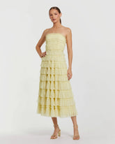 Yellow Mesh Micro Ruffle Strapless Midi Dress