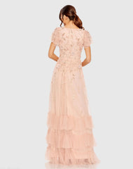 Pink Ruffle Tiered Embellished Faux Wrap Flutter Sleeve Gown