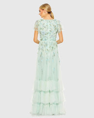 Green Ruffle Tiered Embellished Faux Wrap Flutter Sleeve Gown