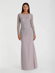 High Neck Sequin Embellished Long Sleeve A Line Gown