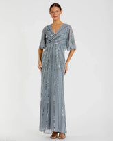 Blue Sequined V Neck Cape Sleeve Gown - FINAL SALE