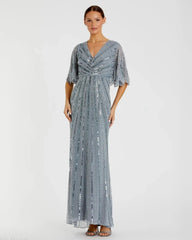 Sequined V Neck Cape Sleeve Column Gown