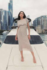 Beige Beaded Cap Sleeve Empire Waist Sheath Midi Dress