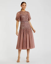 Pink Cape Sleeve Beaded Tea Length Drop Waist Dress