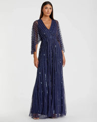 Beaded Striping Kimono Sleeve V Neck Gown