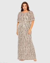 Beige High Neck Column Gown with Cape (Plus)