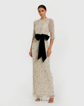 Ivory 3/4 Sleeve Embellished Column Gown with Velvet Bow Belt