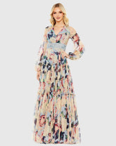 Multicolor Floral Puff Sleeve Dress With Embroidered Waist
