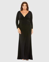 Black Long Sleeve V-Neck Faux Wrap Gown