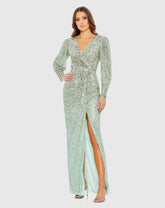 Green Embellished Faux Wrap Puff Sleeve Gown