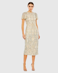 Beige and Silver Embellished Flutter Sleeve High Neck Dress