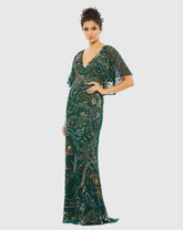 Green Embellished V Neck Cape Sleeve Column Gown