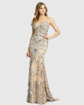 Beige Embroidered Spaghetti Strap Trumpet Gown
