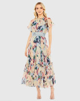 Multicolor Floral Chiffon High Neck Flutter Sleeve Dress
