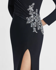 Black Floral Embellished Faux Wrap Jersey Gown