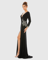 Black Floral Embellished Faux Wrap Jersey Gown