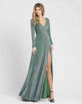 Green Long Sleeve Faux Wrap A Line Gown