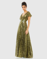 Green Sequined Butterfly Sleeve Wrap Over A Line Gown