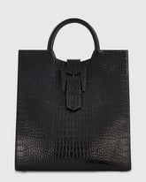 Black Buckled Maxi Croco Leather Tote Bag