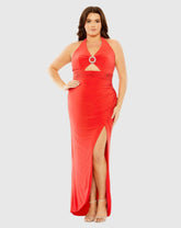 Red Halter Tie Keyhole Detail Gown with Slit (Plus) - FINAL SALE