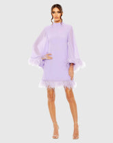 Purple High Neck Cape Sleeve Mini Dress with Feather Trim