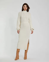 White Long Sleeve Turtle Neck Knit Midi Dress