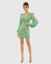 Green Sequined Structured Bishop Sleeve Mini Dress