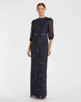 Navy Elbow Length Sleeve Embellished Gown
