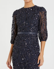 Navy Elbow Length Sleeve Embellished Gown