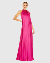 Pink Pleated Halter Neck Trapeze Gown