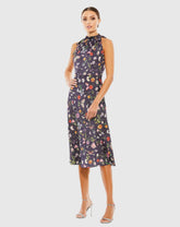 Purple Floral Print Tie Neck Midi Dress
