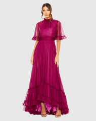 Purple Ruffled Mock Neck Flutter Sleeve High Low Hem Gown