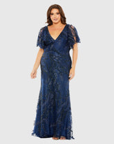 Navy V Neck Flutter Sleeve Embellished Gown (Plus)