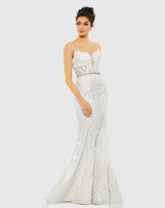 White Embroidered Sleeveless Plunge Neck Trumpet Gown