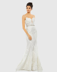 White Embroidered Sleeveless Plunge Neck Trumpet Gown