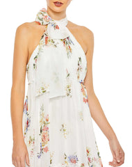White Floral Print Ruched Tiered High Neck Bow Gown