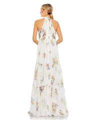 White Floral Print Ruched Tiered High Neck Bow Gown