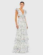 White Floral Ruffled Cut Out Flowy Maxi Dress