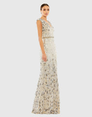 White and Silver Embellished V Neck Cap Sleeve Sequin Gown