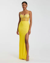 Yellow Spaghetti Strap Beaded Sheer Bodice Gown with Slit