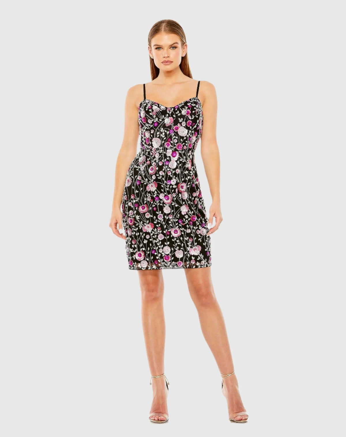 Black Slim Strap Bustier Top Floral Beaded Mini Dress
