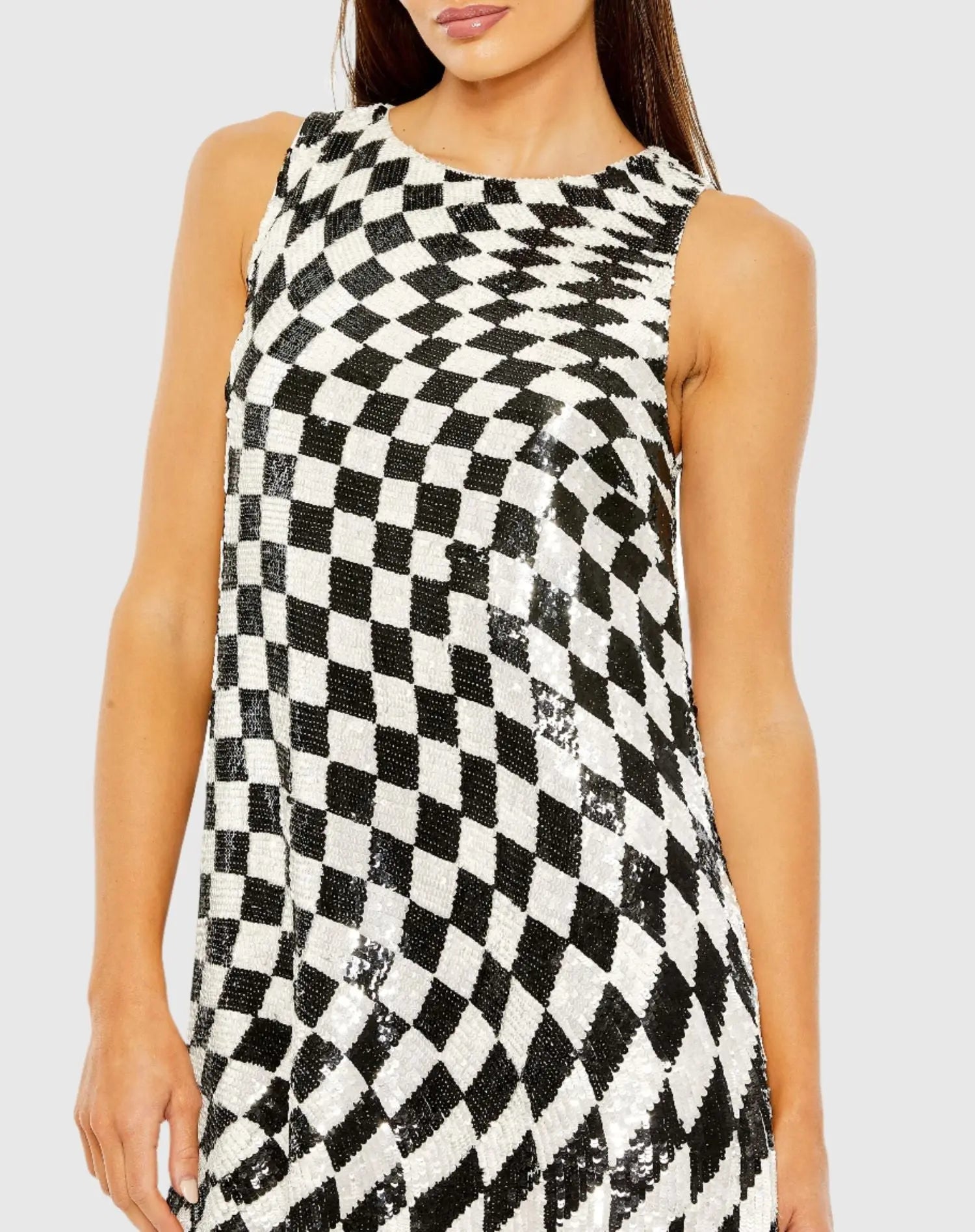 Black and White Sleeveless A-Line Sequin Checkered Mini Dress