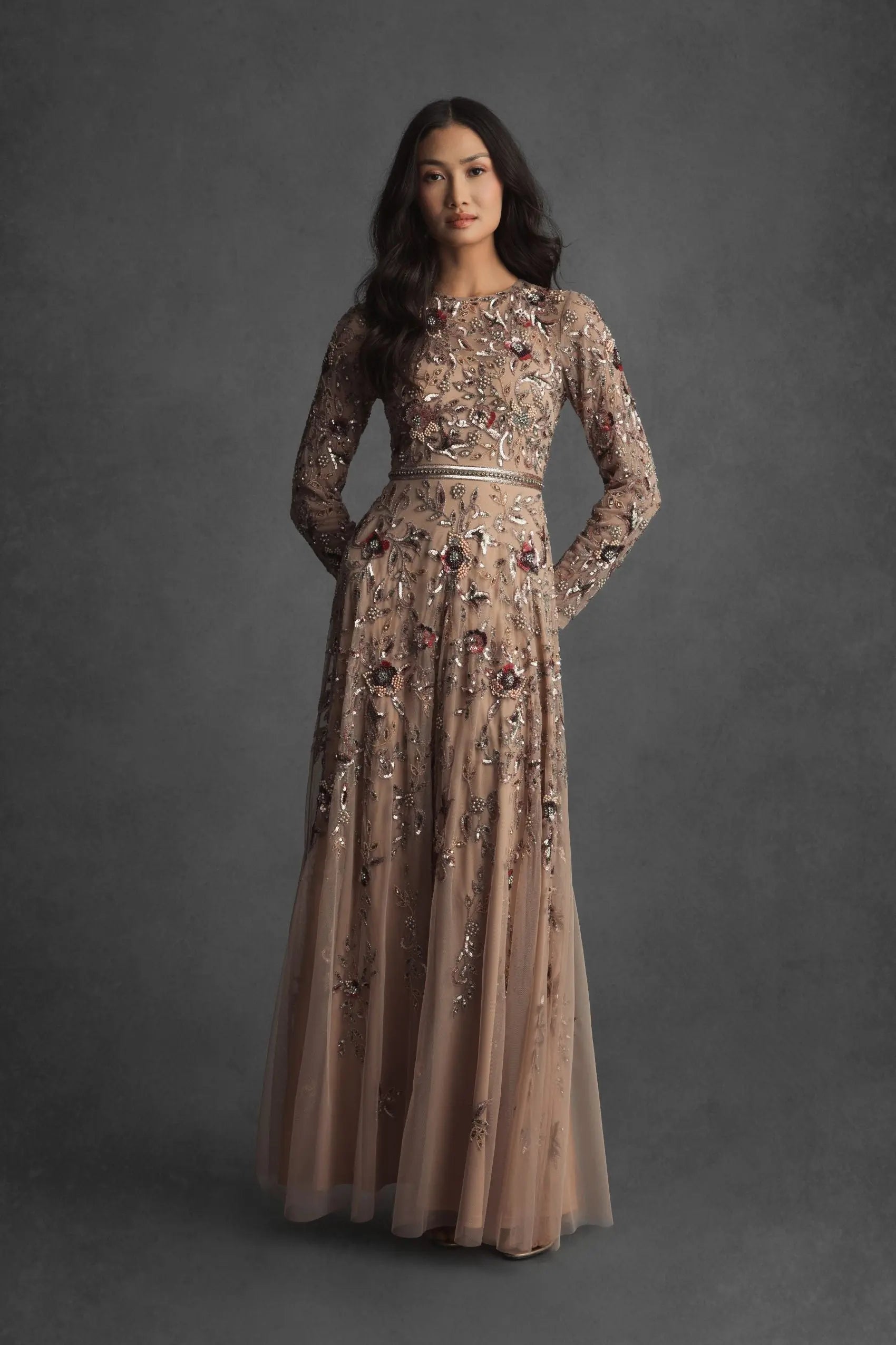 Beige Long Sleeve Floral Embellished A-line Gown